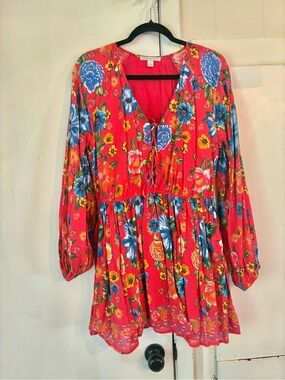 Chelsea & Violet Coral Floral Long Sleeve Tie-Front Tunic Dress